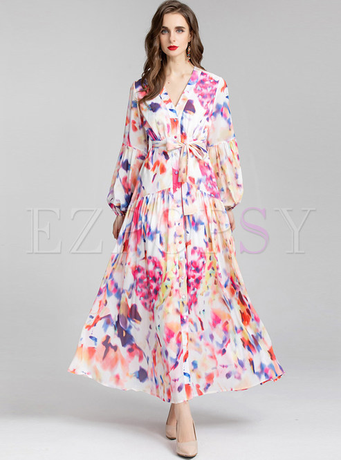 Long Sleeve Blurred Floral Big Hem Beach Long Dresses