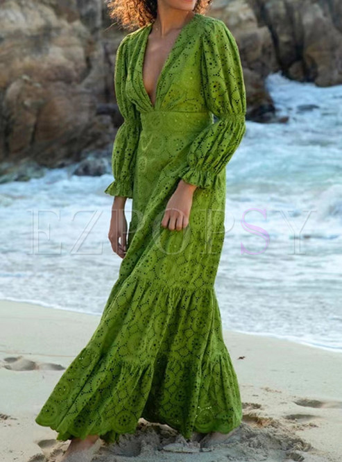 Deep V-Neck Water Soluble Lace Long Dresses