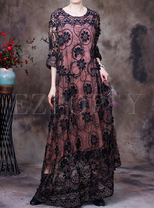 Water Soluble Lace Openwork Long Sleeve Maxi Dresses