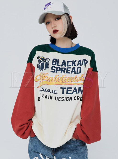 Letter Printed Patchwork Casual Womens Sweatshirts