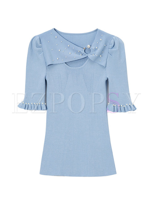 Asymmetrical Pearl Decoration Short Sleeve Knit Tops For Women