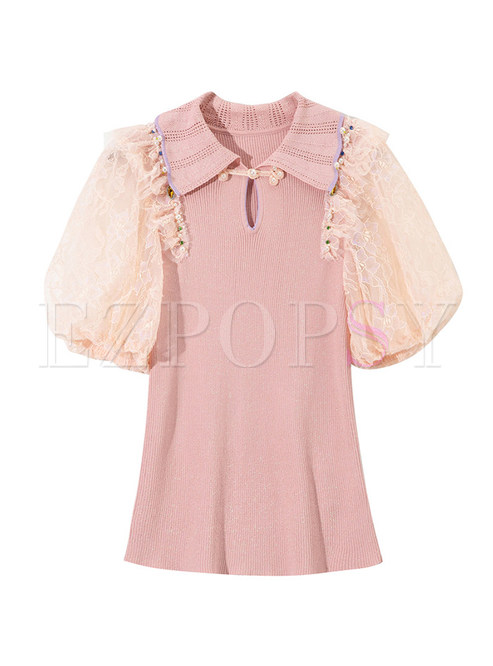 Lace Puff Sleeve Patch Pearl Knit Tops For Women