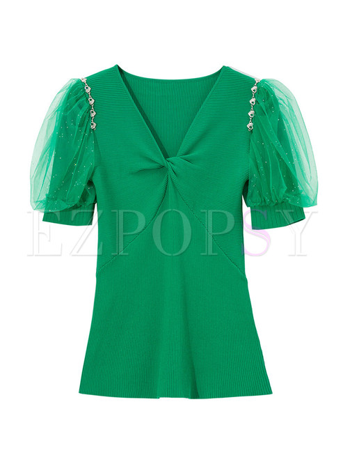 Mesh Puff Sleeve Twist Front Knit Tops For Women