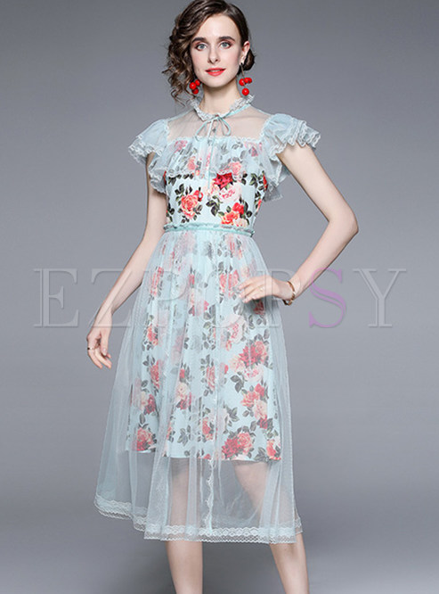 Lace Splicing Floral Print Ruffles Sweet Summer Dresses
