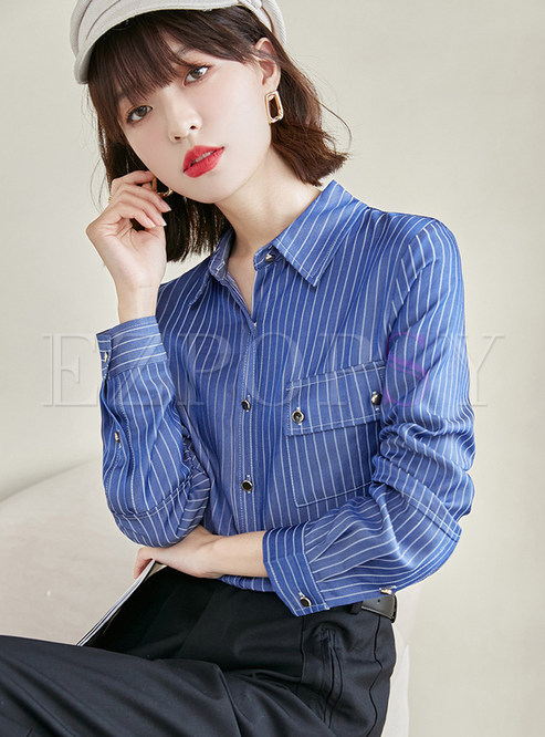 Classic Turn-Down Collar Striped Blouses For Women