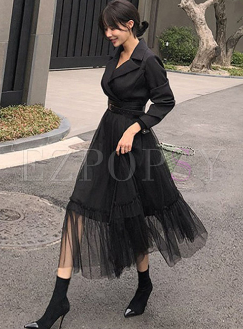 Large Lapels High Waisted Mesh Splicing Commuter Cocktail Dresses