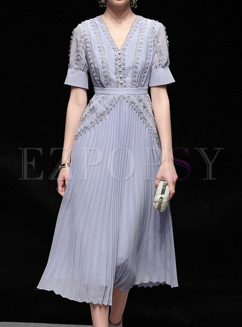 V-Neck Pleated Embroidered Flutter Chiffon Dresses