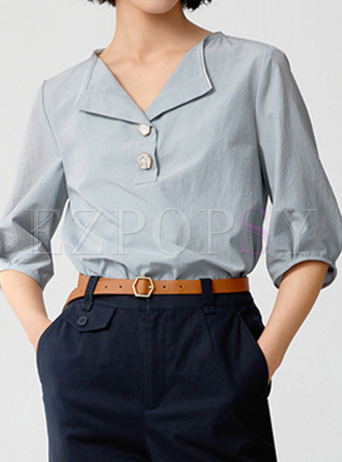 Puff Sleeve V-Neck Solid Color Dressy Blouses For Business Women