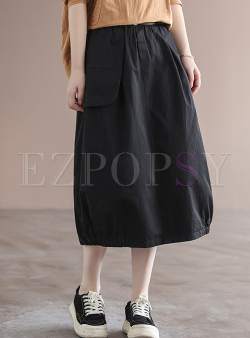 Solid Color Cotton Elastic Hem Midi Skirts For Women
