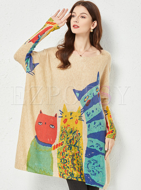 Women Cat Print Loose Sweater