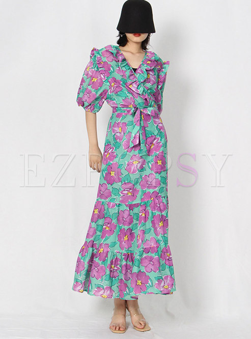 V-Neck Frill Trim Side Floral Print Maxi Dresses