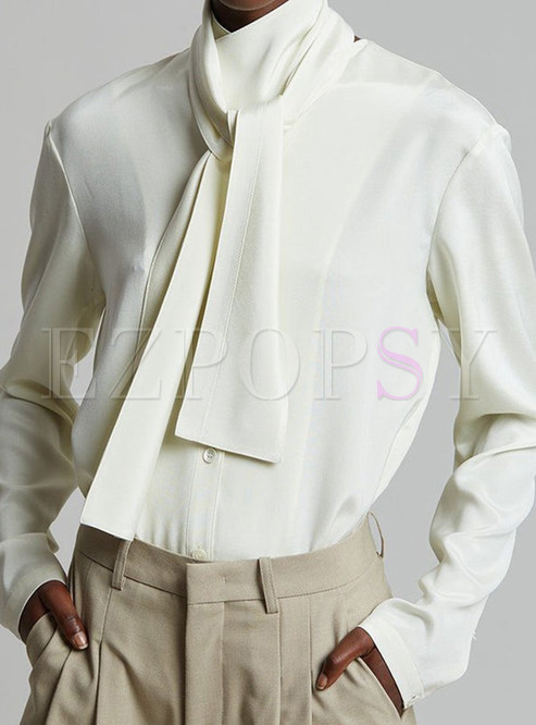 Women Chic Ribbon Satin Solid Color Blouses For Work