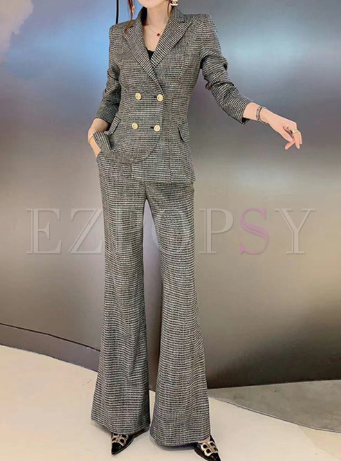 Houndstooth Double-Breasted Design Flare Pant Suits