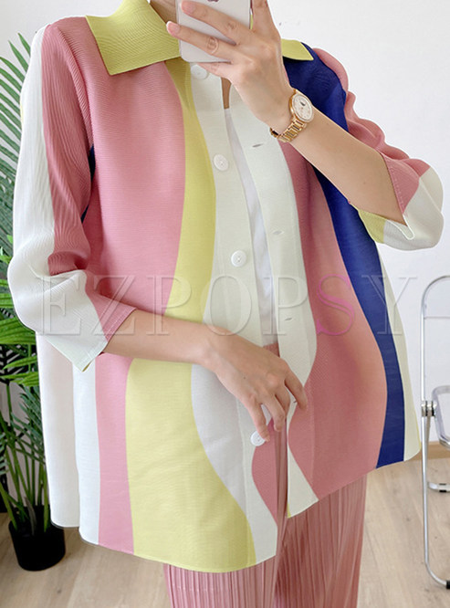 Turn-Down Collar Button Closure Color-Blocked Tops For Women