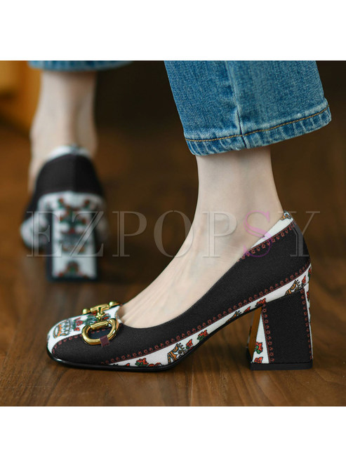 Low-Fronted Patterned Splicing Block Heel Women Shoes