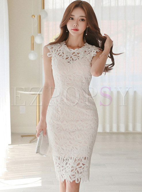 Pure Color Sleeveless Openwork Lace Bodycon Dress