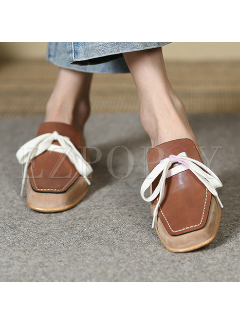 Square Toe Contrasting Lace-Up Fastening Womens Flat Shoes