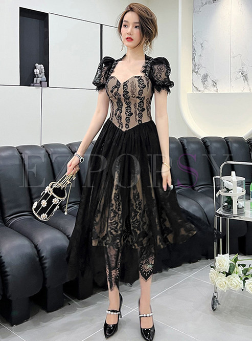 Square Neck Puff Sleeve Embroidered Maxi Lace Dresses