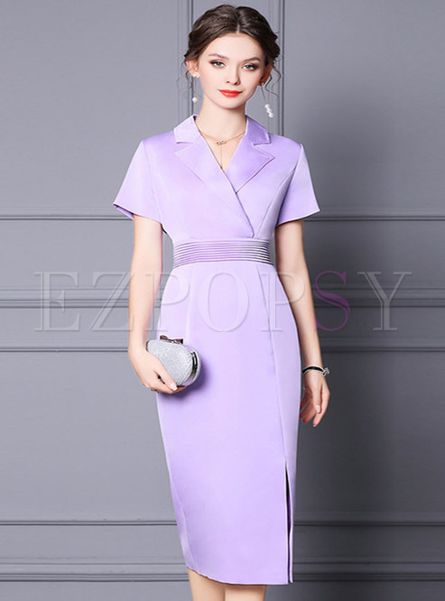 Purple Lapel Cinched Waist Bodycon Dress