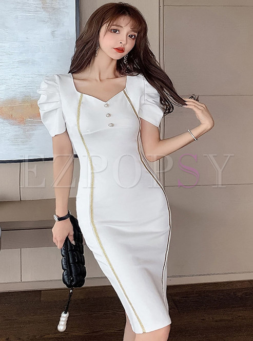Square Neck Contrast Piping Puff Sleeve Bodycon Dress