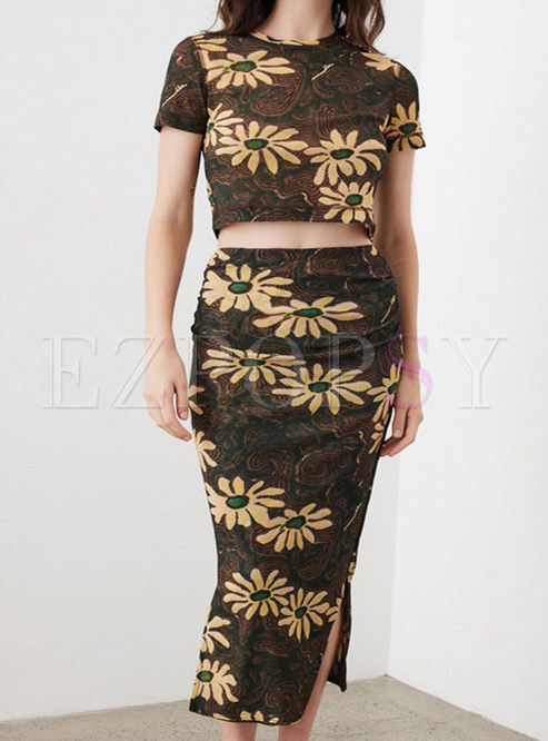 Summer Boho Floral Printed Skirt Suit