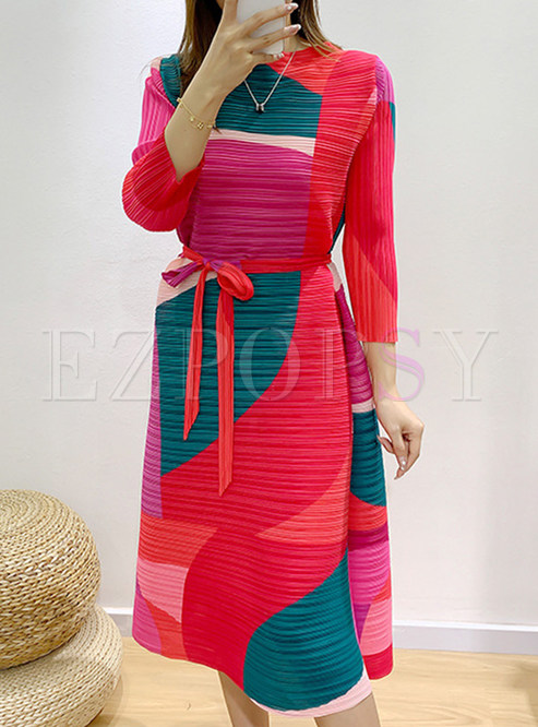 Color-Blocked Tie Waist Plus Size Dresses For Women