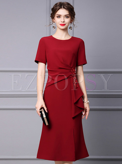 Minimalist Shirred Waist Solid Color Peplum Dresses