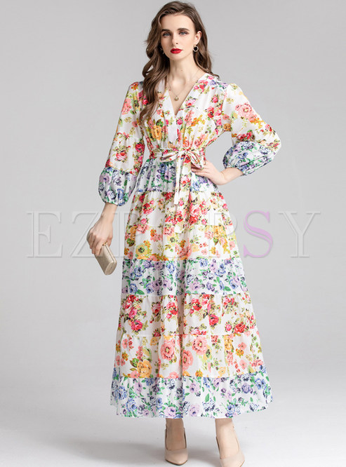 V-Neck Long Sleeve Floral Print Flowy Party Maxi Dresses