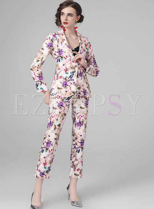 Women Fashion Floral Print Pant Suit
