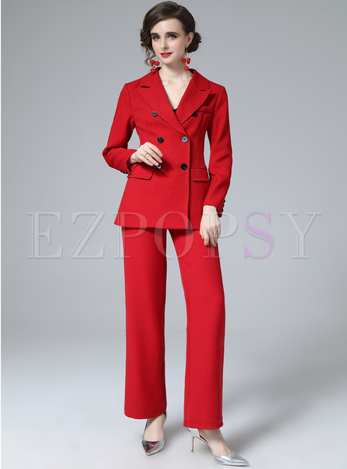 Elegant Solid Color Double-Breasted Dress Suits For Women