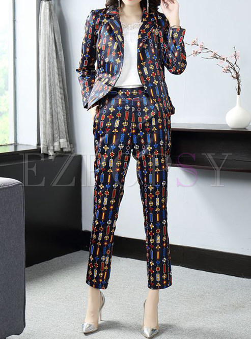 Fitted All Over Print Cropped Pants Dress Suits For Women