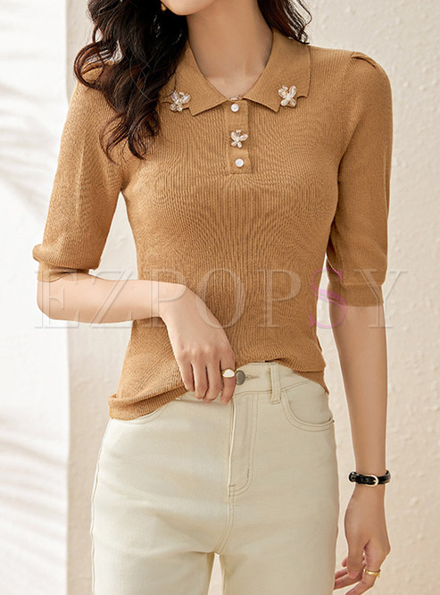 Shirt Collar Pearl Decoration Knit Tops For Women