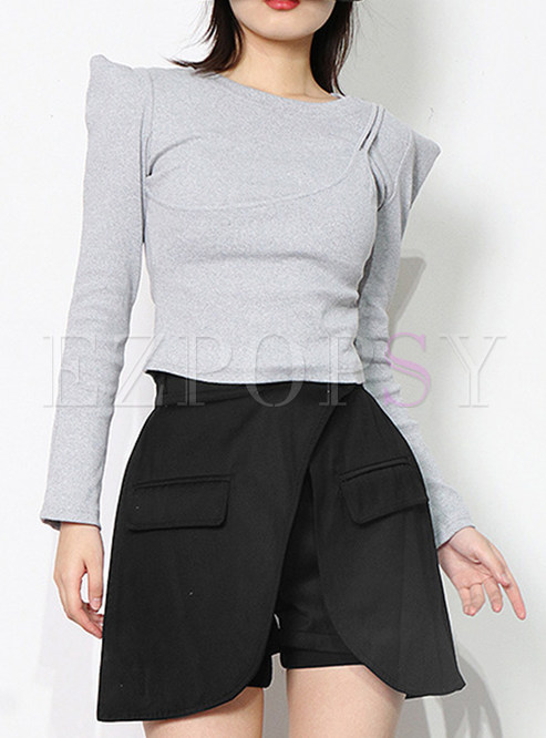 Long Sleeve Shoulder Padded Tight T Shirts For Women