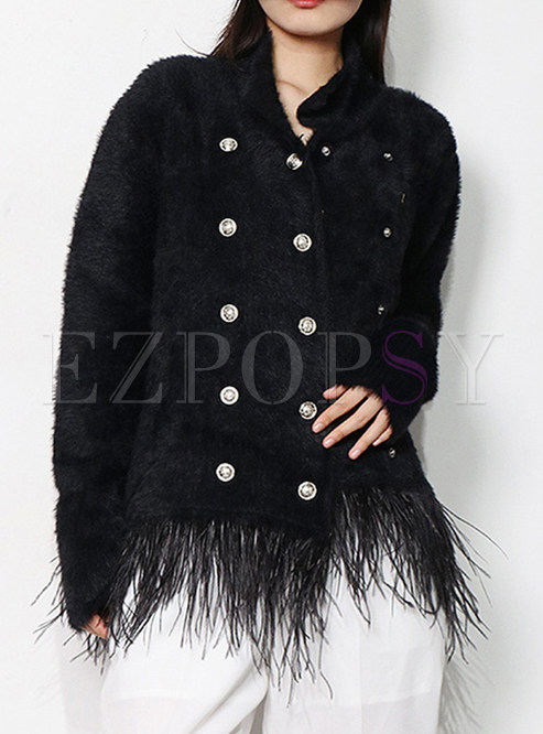 Turn-Down Collar Fuzzy Fleece Double-Breasted Feather-Trimmed Women's Coats & Jackets
