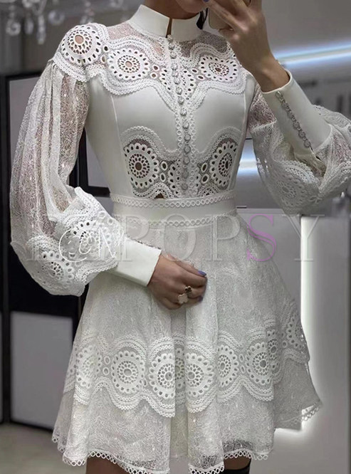 Maiden Water Soluble Lace Mock Neck Skater Dresses