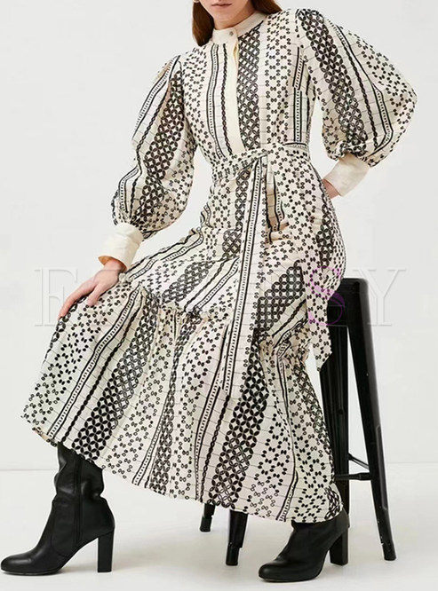 Long Sleeve Embroidered Single-Breasted Vintage Beach Long Dresses