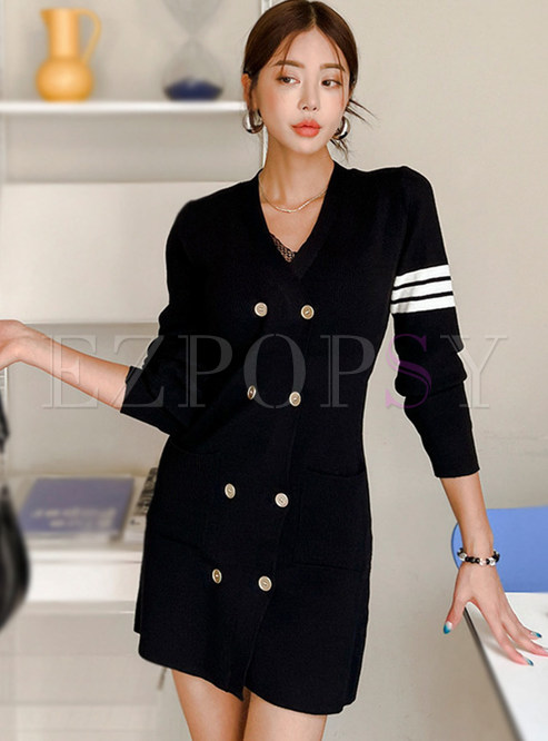 V-Neck Long Sleeve Double-Breasted Bodycon Office Dresses
