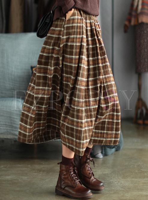 Ethnic Plaid Woolen Big Hem Midi Skirts For Women