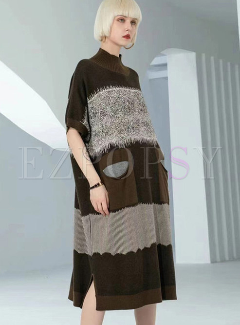 Mockneck Short Sleeve Patchwork Oversize Knitted Dresses
