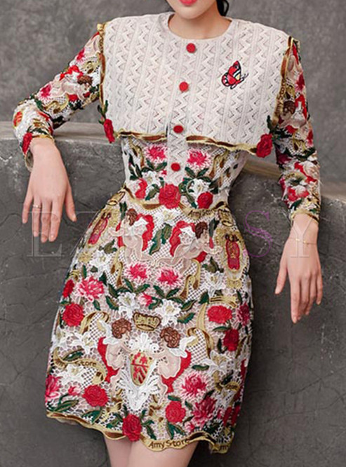 Crewneck Embroidered Allover Print Formal Dresses