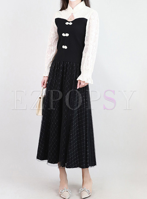 Keyhole Contrasting Knitwear & Solid Color Big Hem Long Skirts