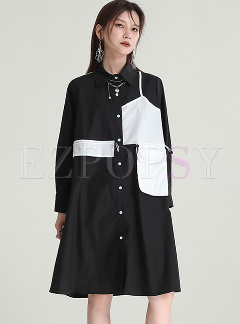 Chic Contrasting Single-Breasted Short Shirt Dresses