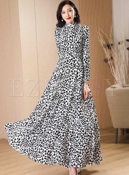 Mock Neck Keyhole Long Sleeve Leopard Print Big Hem Maxi Dresses