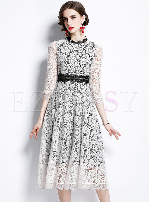 Dreamy 3/4 Sleeve Water Soluble Lace Skater Dresses