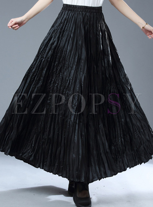 Exclusive Solid Color Big Hem Pleated Maxi Skirts