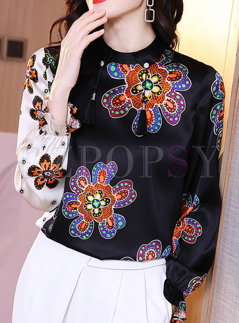 Fashion Contrasting Printed Silk Blouses For Women