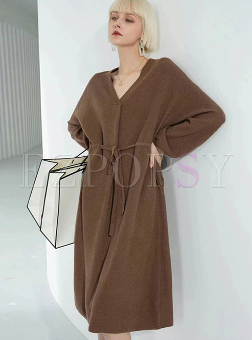 V-Neck Plus Size Long Sleeve Tie Strap Knitted Dresses