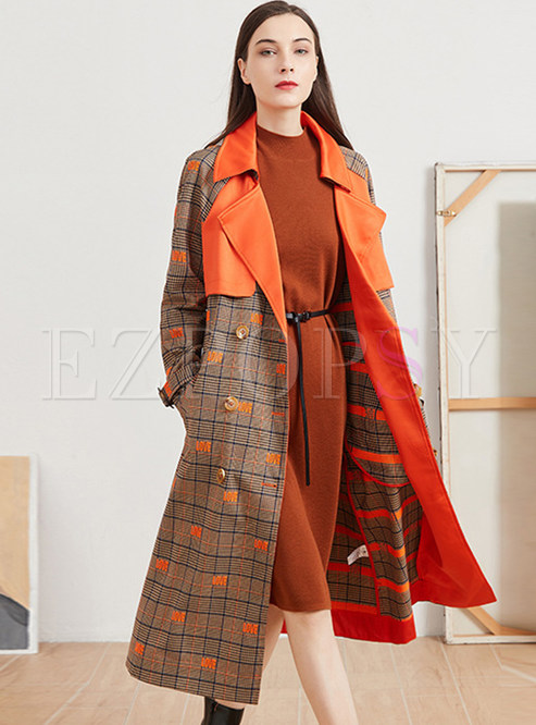 Large Lapels Houndstooth Double-Breasted Trench Coats For Women