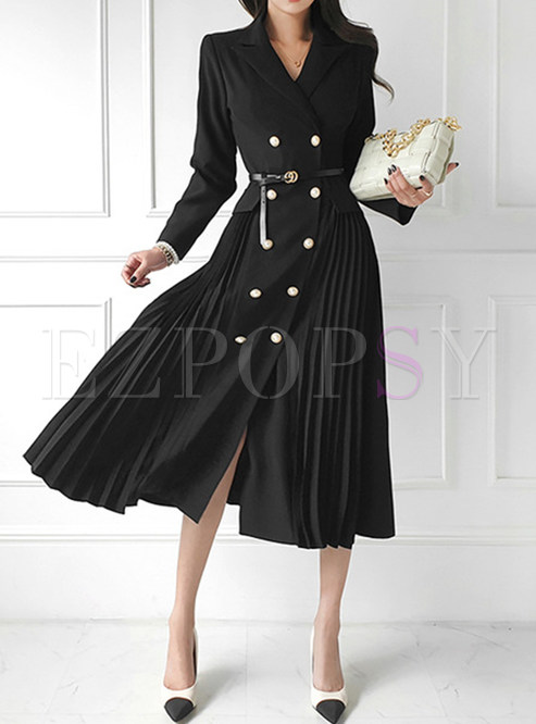 Commuter Double-Breasted High Waisted Pleated Blazer Dresses