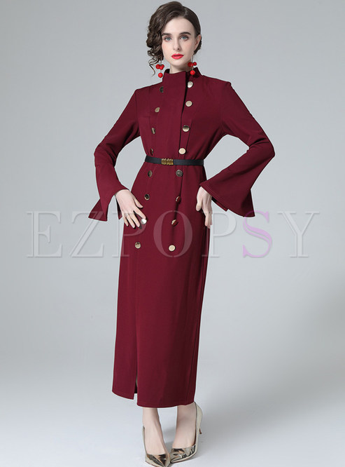 Double-Breasted Long Flare Sleeve Bodycon Pencil Dresses
